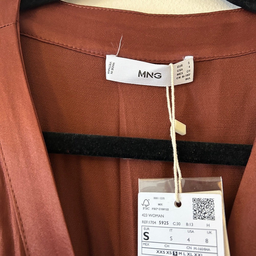 MNG Brown Satin Long Sleeve Button Front Midi Shirt Dress Size S - Picture 6 of 11